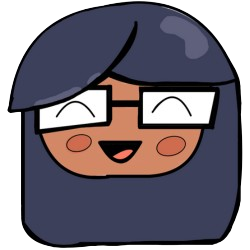 A cartoon brown girl head, with rosy cheeks is smilling with her eyes closed and mouth open. She has long dark blue hair and she is wearing glasses.